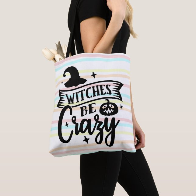 Witches Be Crazy Pastel Stripes Halloween Tote Bag (Close Up)