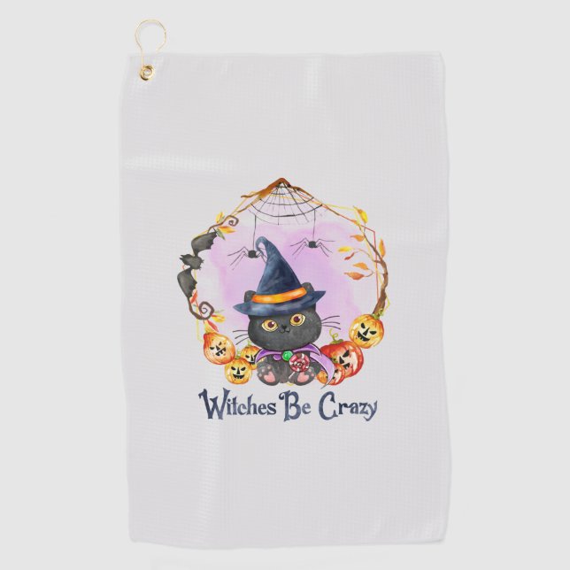 Witches Be Crazy – Witch Black Cat Golf Towel (Front)