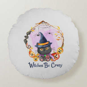 Witches Be Crazy – Witch Black Cat Round Cushion