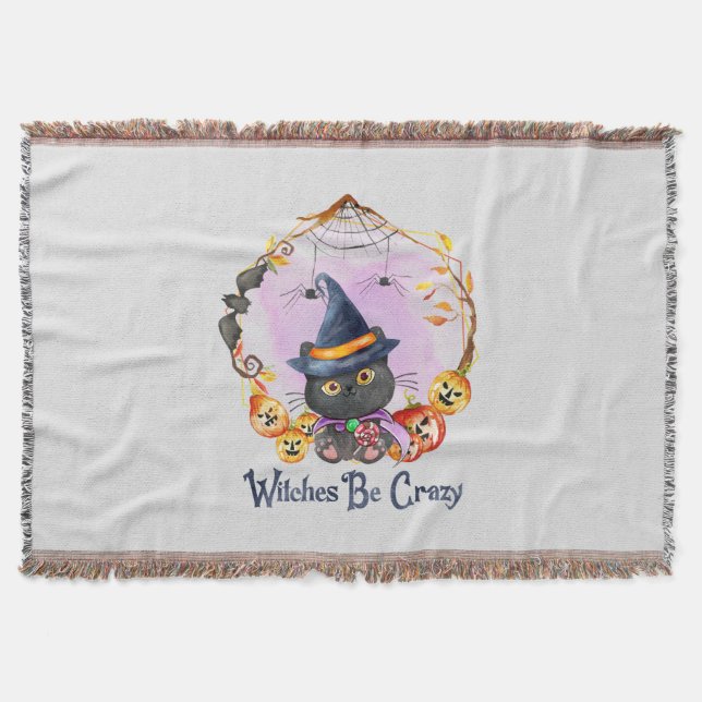 Witches Be Crazy – Witch Black Cat Throw Blanket (Front)