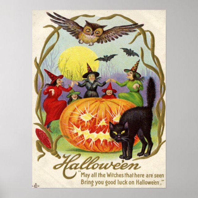Witches Dancing Around Jack O' Lantern Poster (Front)