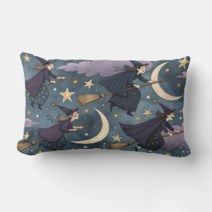 Witches flying on brooms with stars and moons lumbar cushion