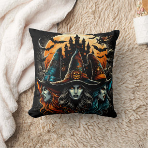 Witches gathering under a full moon on Halloween Cushion
