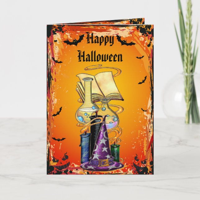 Witches Hat, Spell Book, Potions & Bats Halloween Card (Front)