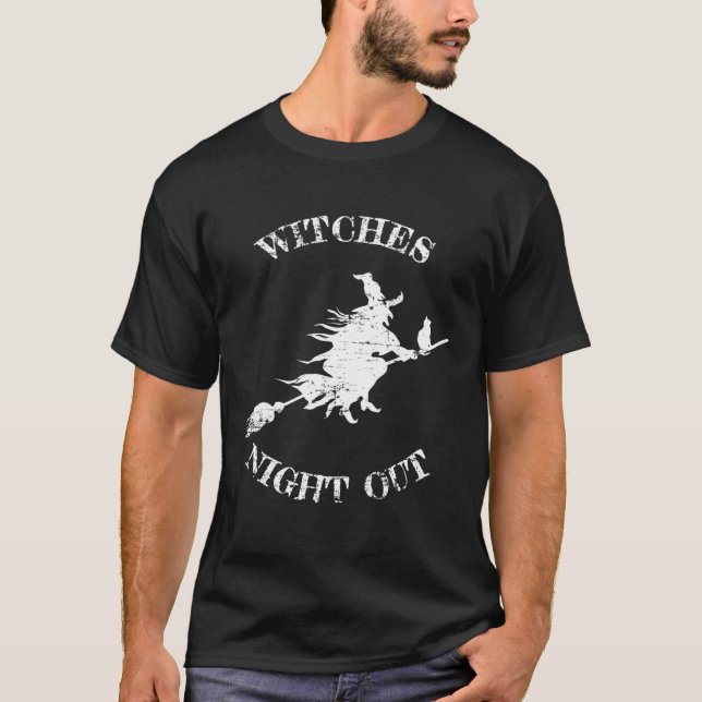 WITCHES NIGHT OUT WITCH ON A BROOM WITH CAT T SHIR T-Shirt (Front)