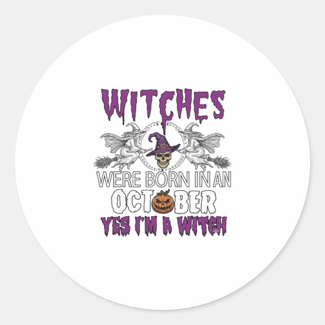 Witches October Halloween Skull Witch Hat Pumpkin_ Classic Round Sticker (Front)