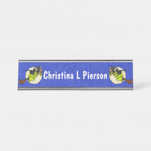 Witches on Brooms Flying Past Moon Cats Blue Desk Name Plate (Front)