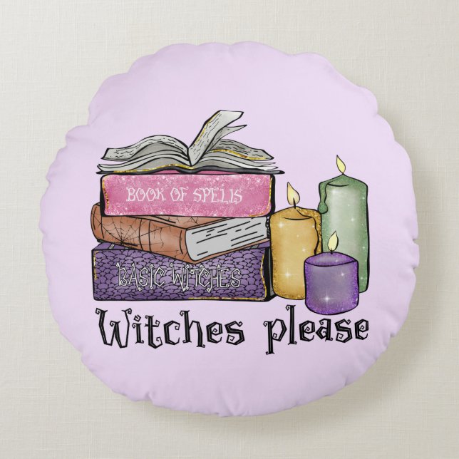 Witches Please – Stack of Witchy Books Round Cushion (Front)