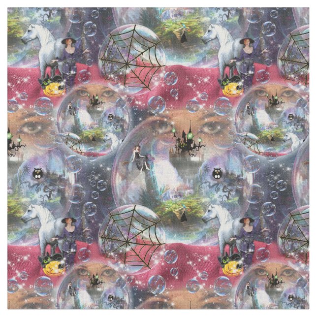 Witches, Vampires & Crystal Ball Halloween Witch Fabric (Close Up)