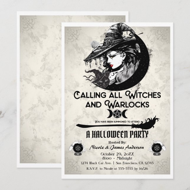 Witches & Warlocks Vintage Witch Halloween Party Invitation (Front/Back)
