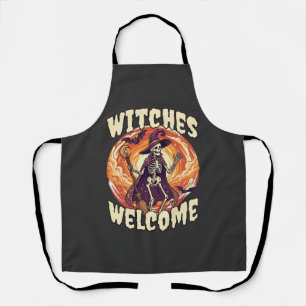 Witches Welcome Halloween Skeleton Witch Broom Bat Apron