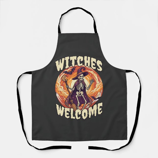 Witches Welcome Halloween Skeleton Witch Broom Bat Apron (Front)