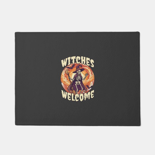 Witches Welcome Halloween Skeleton Witch Broom Bat Doormat (Front)