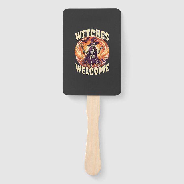Witches Welcome Halloween Skeleton Witch Broom Bat Hand Fan (Front)