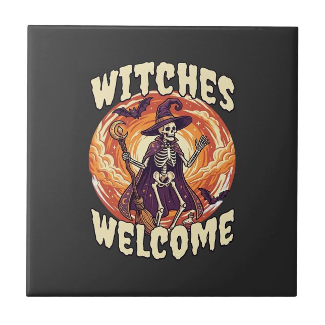 Witches Welcome Halloween Skeleton Witch Broom Bat Tile (Front)