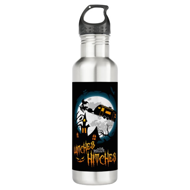 Witches With Hitches Halloween Camping Long Sleeve 710 Ml Water Bottle (Front)