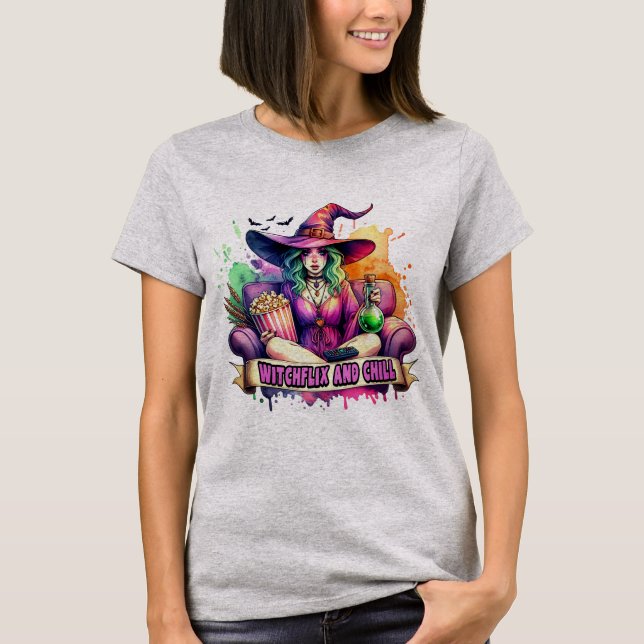"Witchflix and Chill – Fun Witch Design for Hallow T-Shirt (Front)