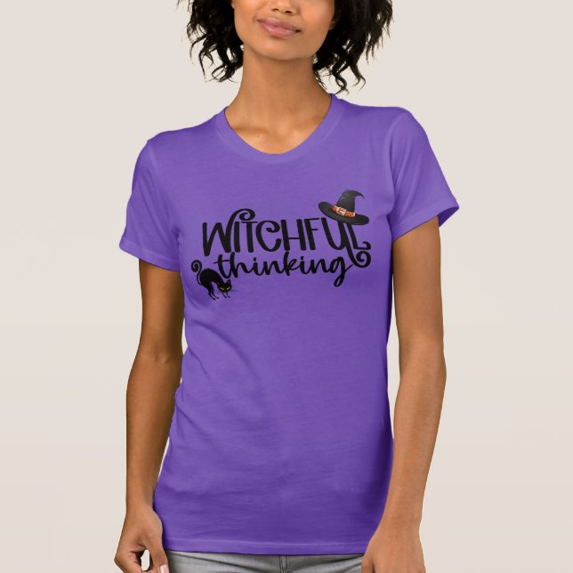 Witchful Thinking Hat & Cat Halloween Cotton T-Shirt (Front)