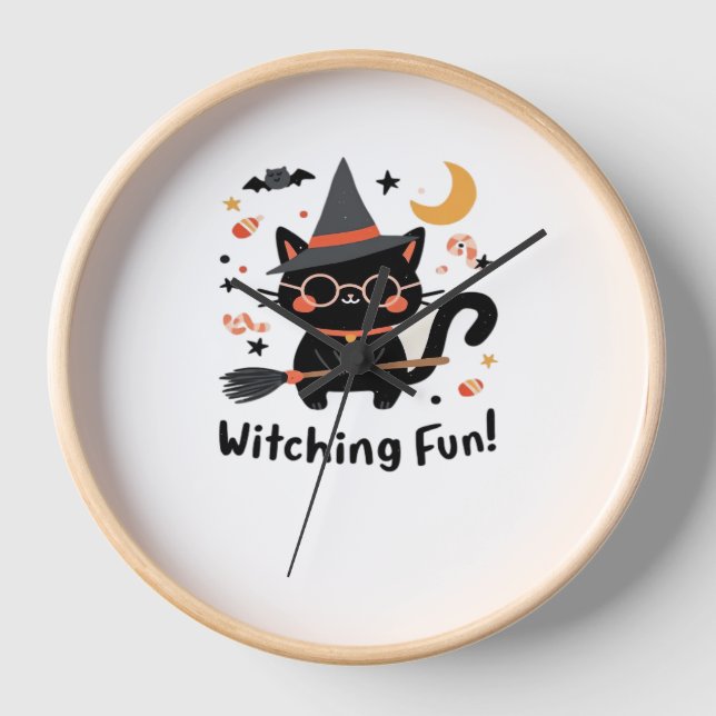 Witching Fun Black Cat with Broom – Cute Halloween Clock (Front)