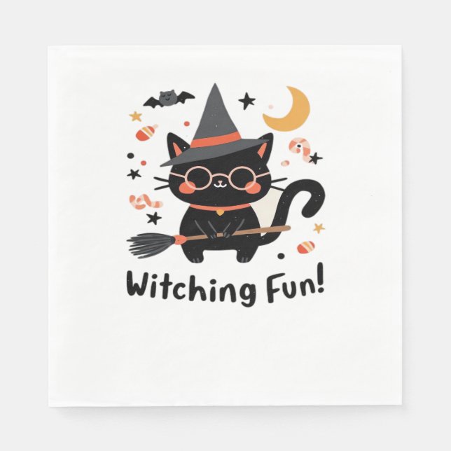 Witching Fun Black Cat with Broom – Cute Halloween Napkin (Front)