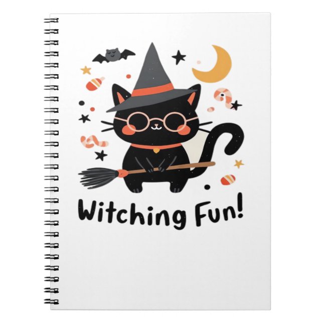 Witching Fun Black Cat with Broom – Cute Halloween Notebook (Front)