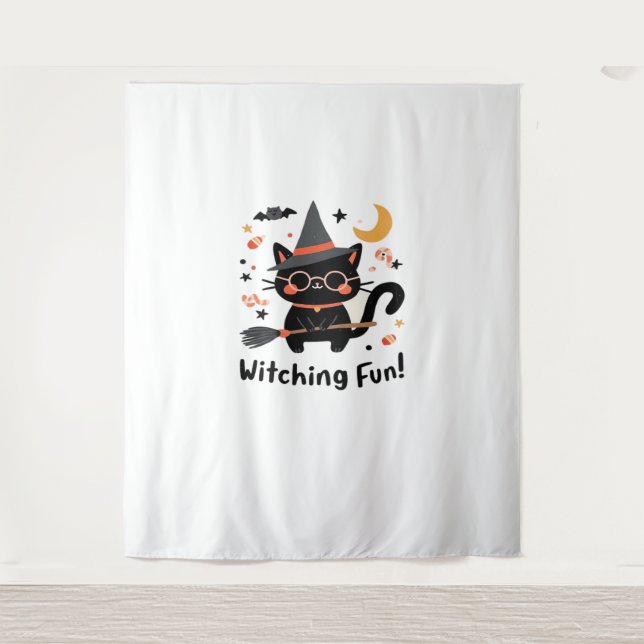 Witching Fun Black Cat with Broom – Cute Halloween Tapestry (Front)