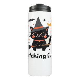 Witching Fun Black Cat with Broom – Cute Halloween Thermal Tumbler