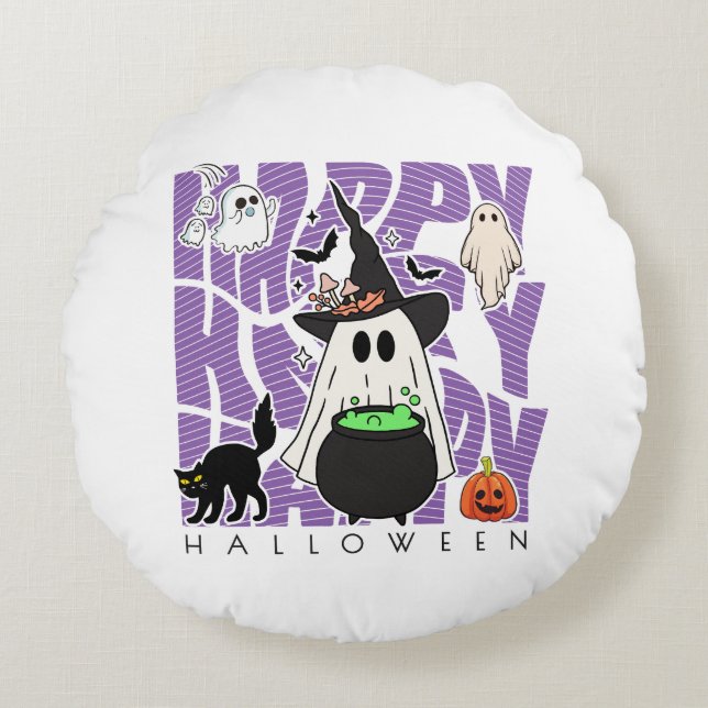 Witching Up Fun | Happy Halloween Magic & Mischief Round Cushion (Front)