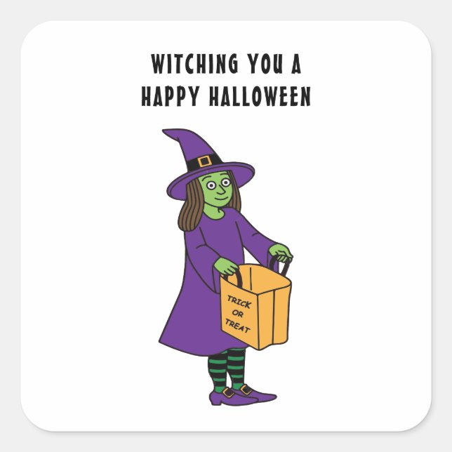 Witching You A Happy Halloween Witch Pun Saying Square Sticker (Front)