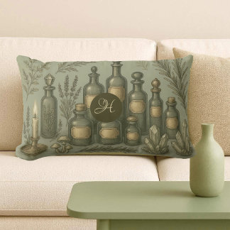 Witchs Apothecary Herbal Sage Green Magic Monogram Lumbar Cushion