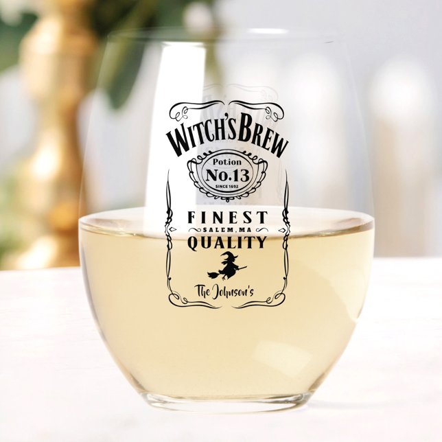 Witch's Brew Halloween Family Name Monogram Funny Stemless Wine Glass (Witch's Brew Halloween Family Name Monogram Funny Stemless Wine Glass)