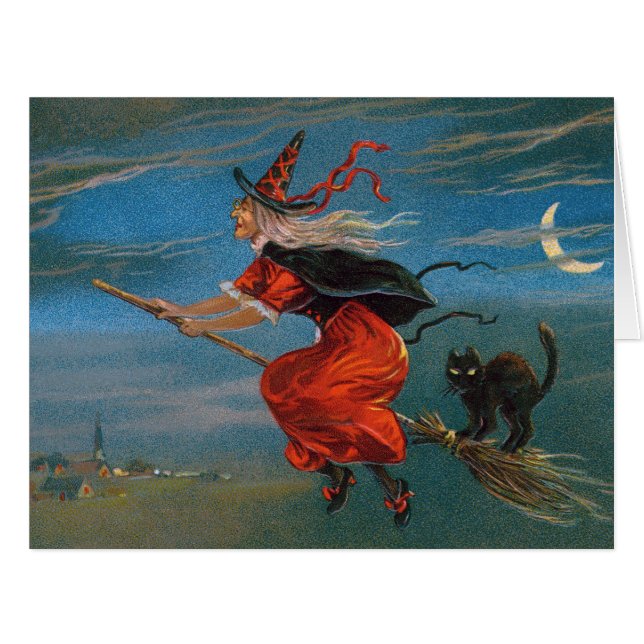 Witch's Familiar Black Cat Halloween on Broomstick (Front Horizontal)