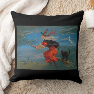 Witch's Familiar Black Cat Halloween on Broomstick Cushion
