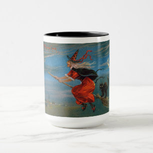 Witch's Familiar Black Cat Halloween on Broomstick Mug