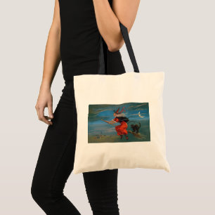 Witch's Familiar Black Cat Halloween on Broomstick Tote Bag