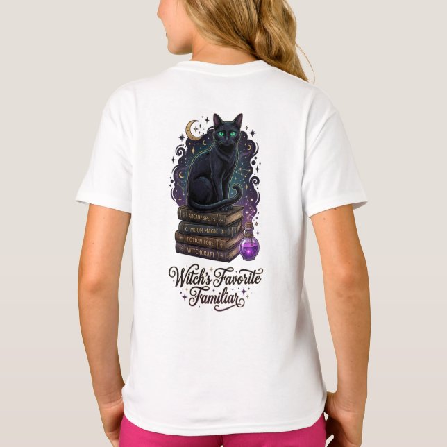 Witch's Favourite Familiar Black Cat on Magic Book T-Shirt (Back)