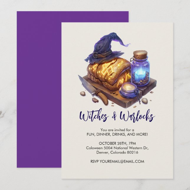 Witch's hat with glowing loaf of bread, Halloween Invitation (Front/Back)