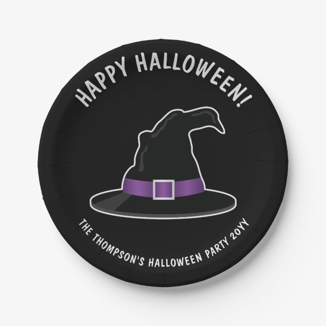 Witch's Hat With Purple Details Happy Halloween Paper Plate (Front)