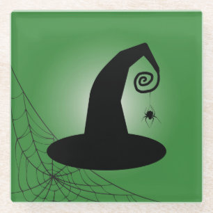 Witch's Hat With Spiderweb Green Glass Coaster