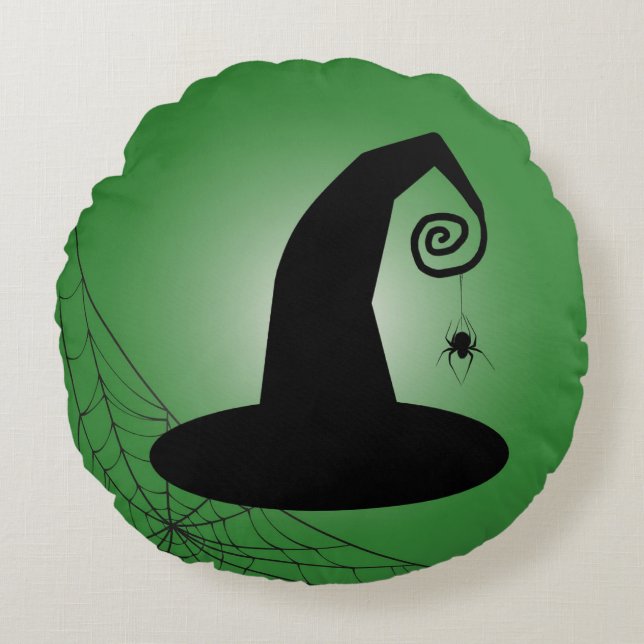 Witch's Hat With Spiderweb Green Halloween Pillow (Front)