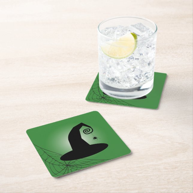 Witch's Hat With Spiderweb Green Paper Coasters (Insitu)