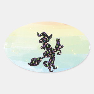 Witchy And Cat, Halloween Mood Oval Sticker