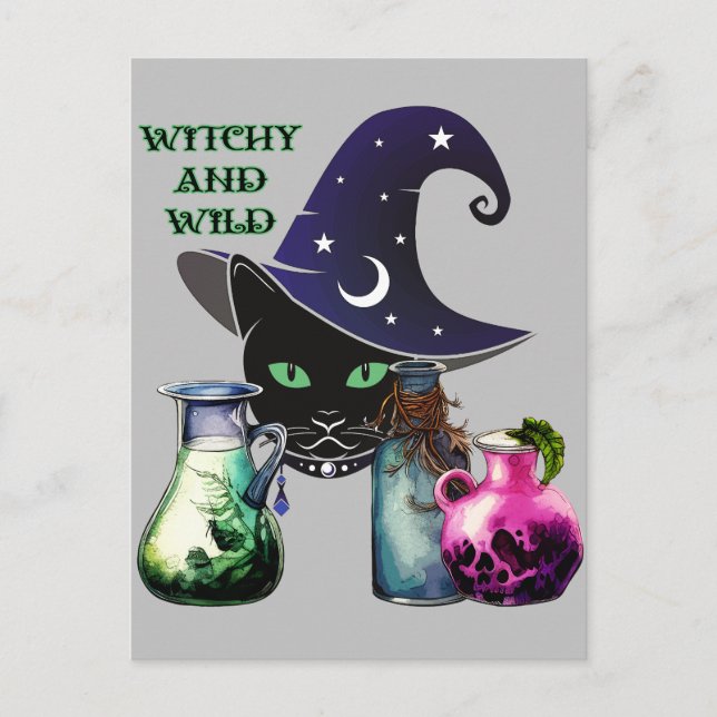 Witchy And Wild - Halloween Black Cat And Potions Postcard (Front)
