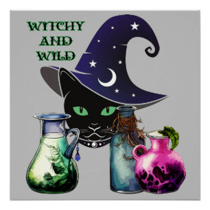 Witchy And Wild - Halloween Black Cat And Potions Poster