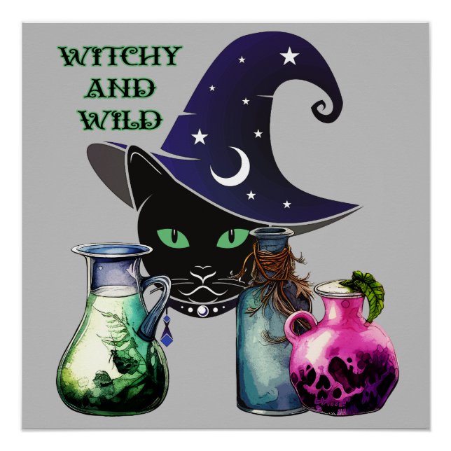 Witchy And Wild - Halloween Black Cat And Potions Poster (Front)