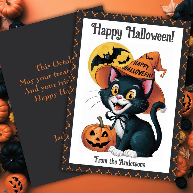 Witchy Black Cat Cute Custom Halloween Holiday Card (Witchy Black Cat Cute Custom Halloween Holiday Card)
