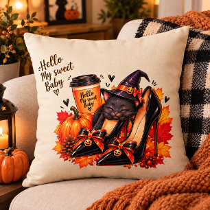 Witchy Black Cat Halloween Pillow – Gothic Heels, 
