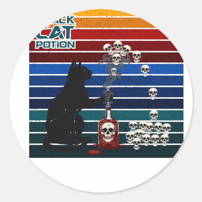 Witchy Black Cat Potion Retro Skull Art Classic Round Sticker (Front)