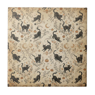 Witchy Black Cats and Moonlit Autumn Botanicals Tile