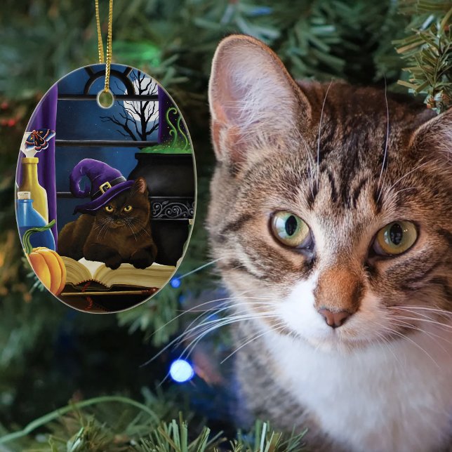 Witchy Brown Cat Magic Purple Full Moon Brewing Ceramic Tree Decoration (Creator Uploaded)